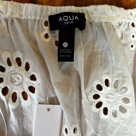 NWT Aqua Swim Ivory White Cotton Eyelet Floral Peasant Off The Shoulder Dress S - Picture 4 of 7